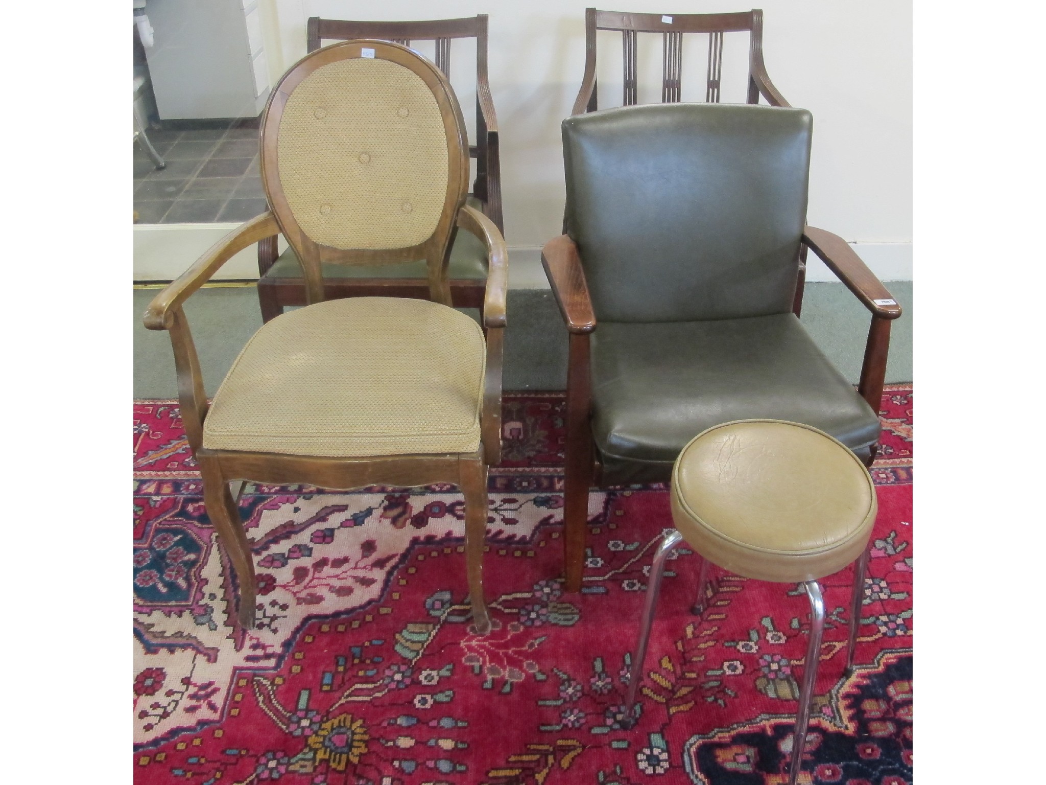 Appraisal: Two mahogany dining chairs two armchairs and a stool