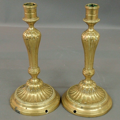 Appraisal: - Pair of French brass candlesticks th c with beaded