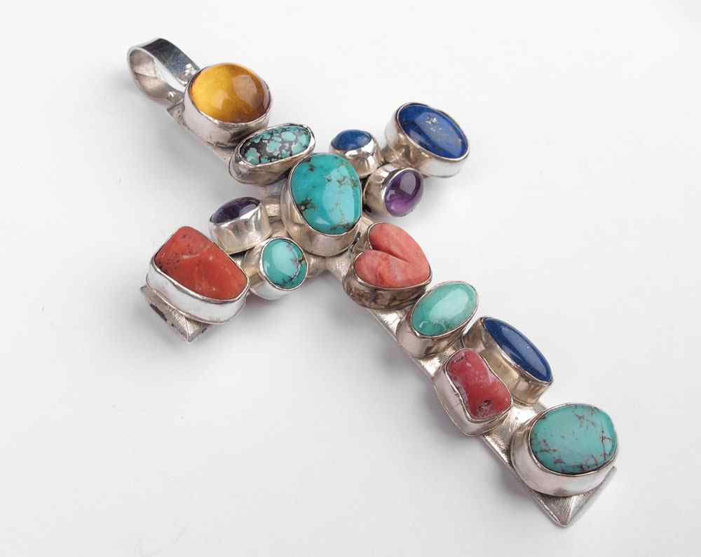 Appraisal: LARGE STERLING GEMSTONE CROSS Assorted pink blue purple and gold