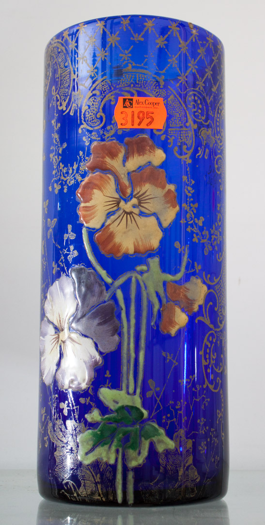 Appraisal: Enamel decorated cobalt glass vase cylindrical form with enamel floral