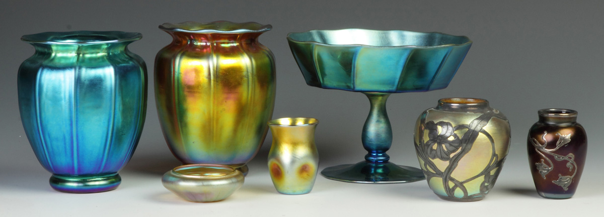 Appraisal: Two Iridescent Silver Overlay Cabinet Vases Probably Loetz