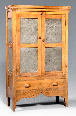 Appraisal: Tiger maple and punched tin pie safe highly figured stepped