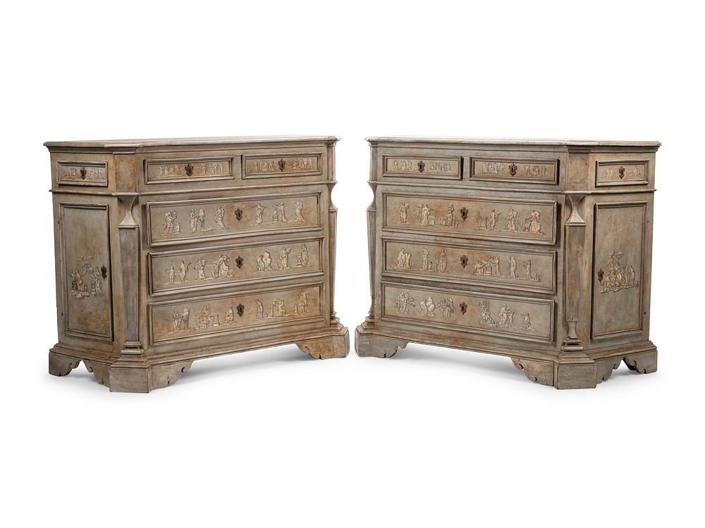 Appraisal: A Pair of Venetian Style Gray-Painted Side Cabinets A Pair