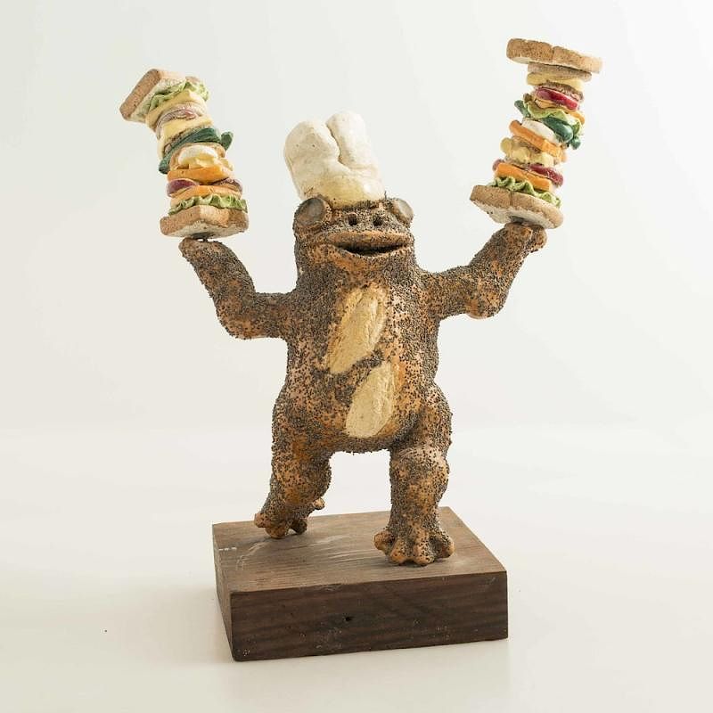 Appraisal: David Gilhooly California - Ceramic Bread Frog as Deli Chef