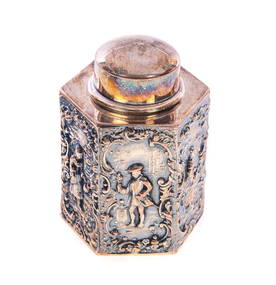 Appraisal: Silver on Copper Tea Caddy Silver on Copper Tea Caddy