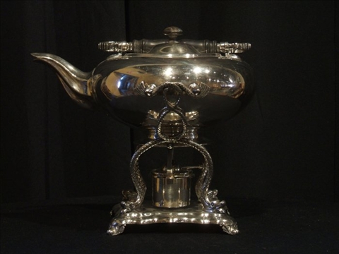 Appraisal: PLATED HOT WATER KETTLE ON STAND th century marked J