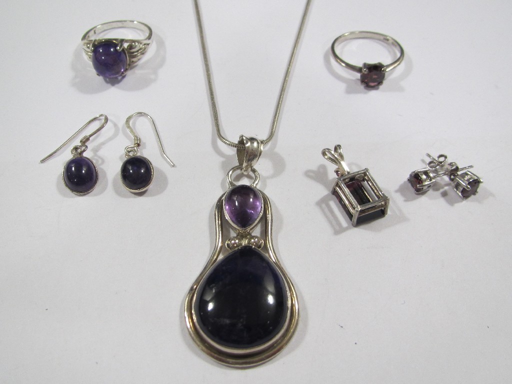 Appraisal: Lot comprising silver and amethyst earrings pendant and dress ring