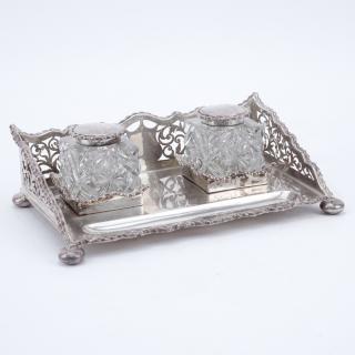 Appraisal: Antique English Silver and Crystal Inkstand Signed with English Hallmarks