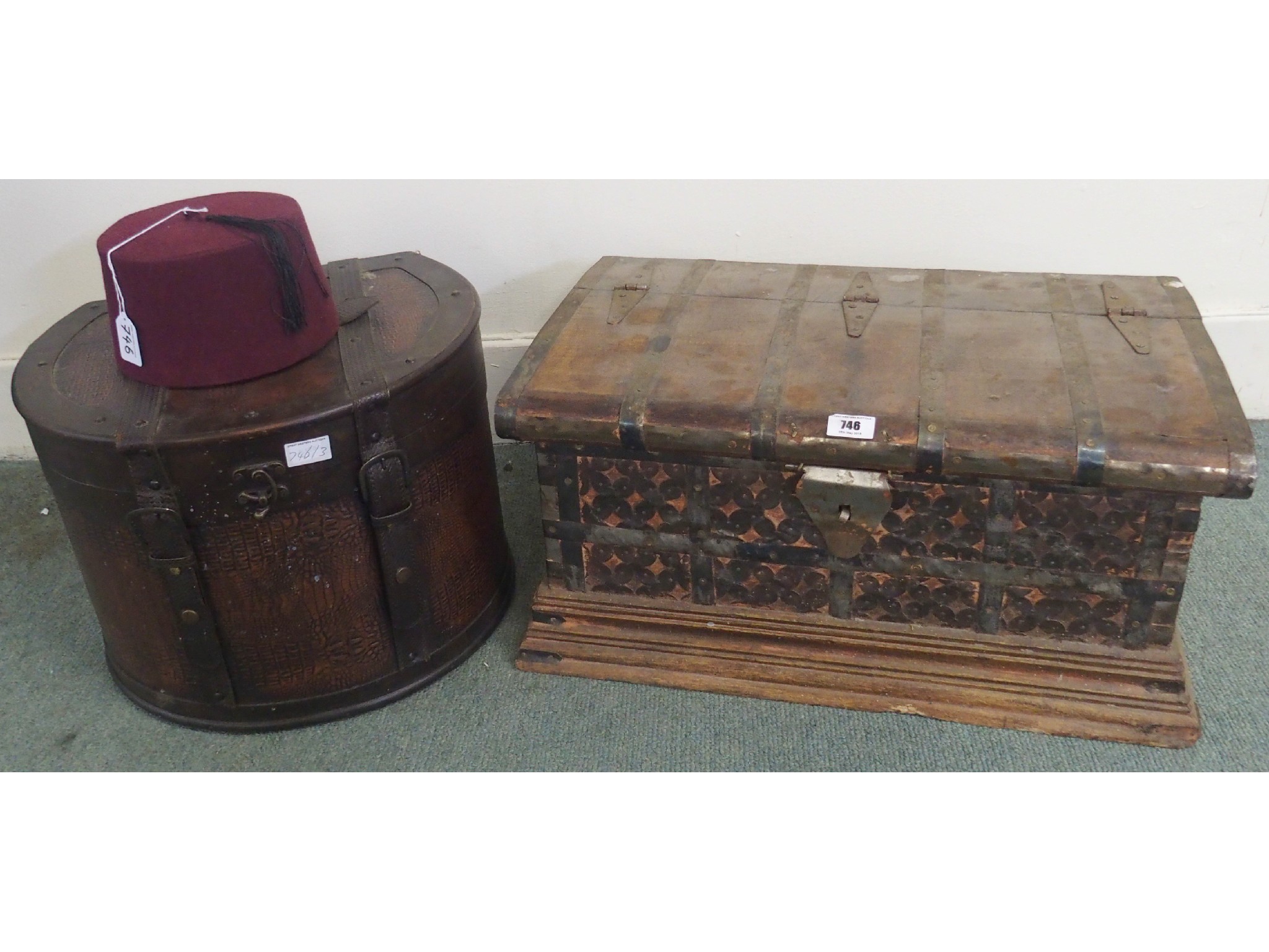 Appraisal: A wood metal and bound box a hat box and