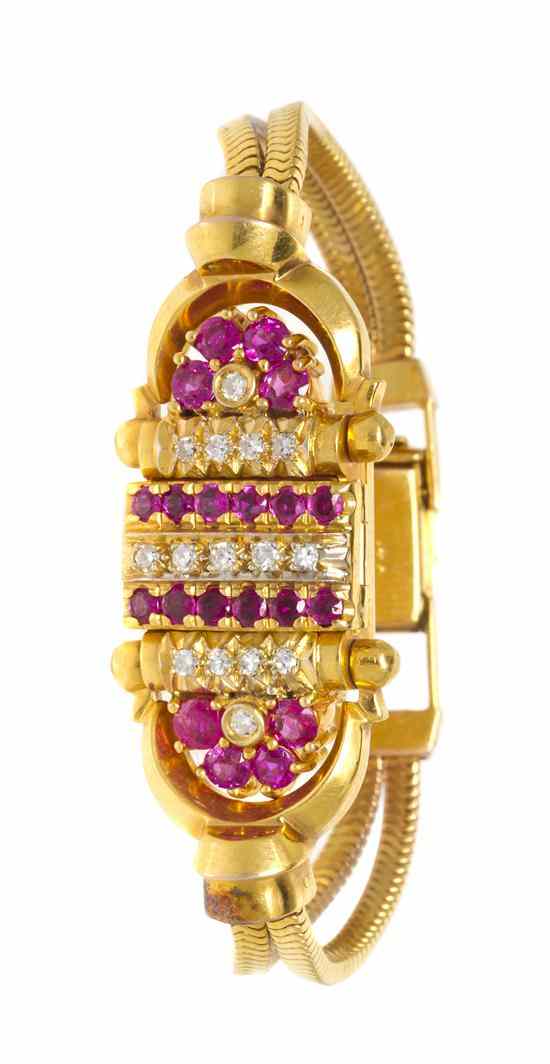 Appraisal: A Retro Karat Yellow Gold Ruby and Diamond Surprise Wristwatch