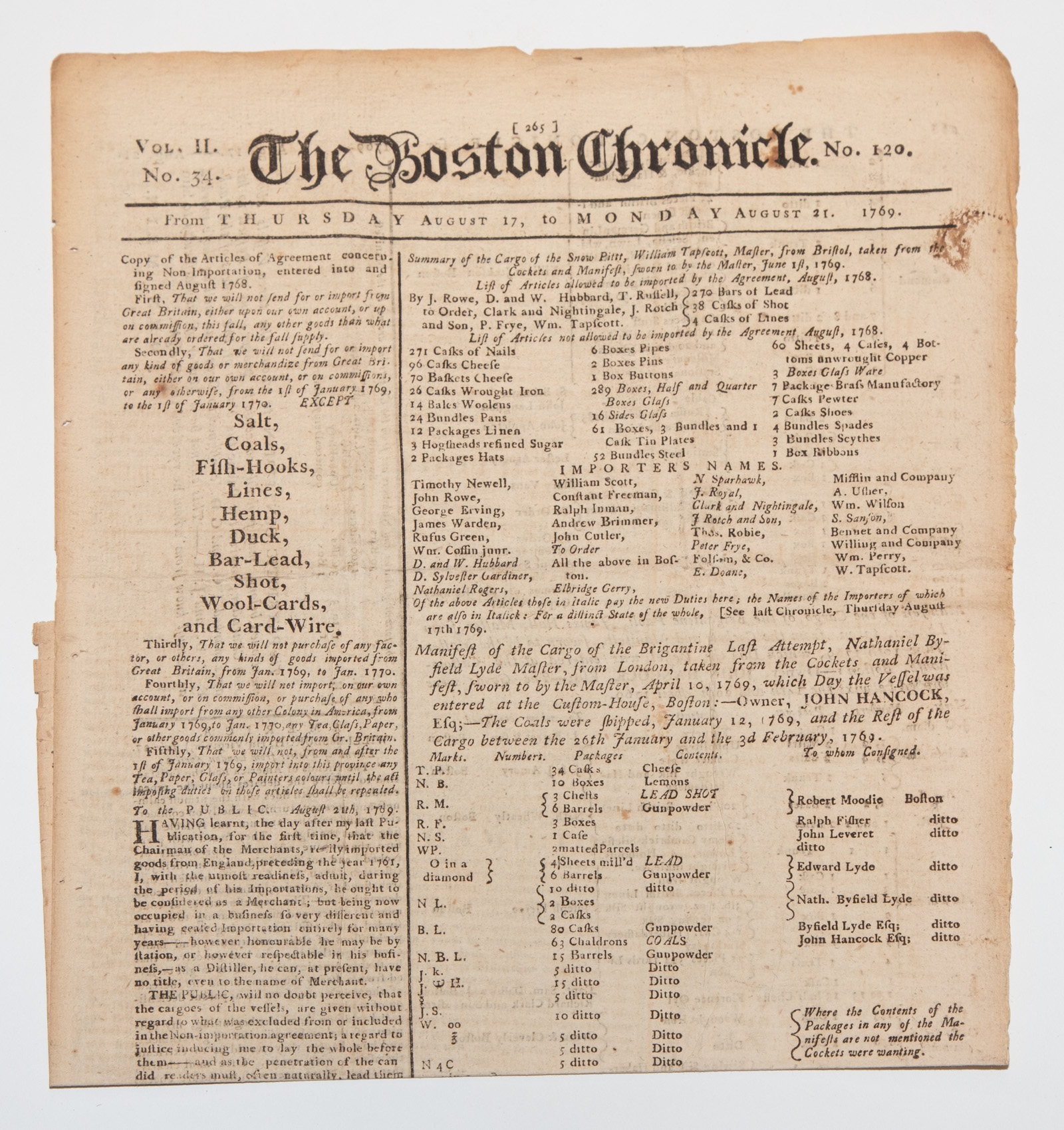 Appraisal: THE BOSTON CHRONICLE AUGUST - Original issue of THE BOSTON