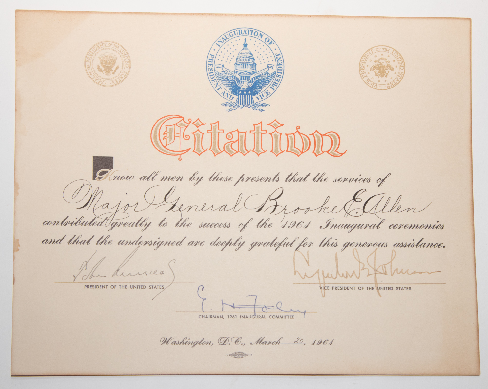 Appraisal: CITATION SIGNED BY J F KENNEDY L B JOHNSON Part-printed