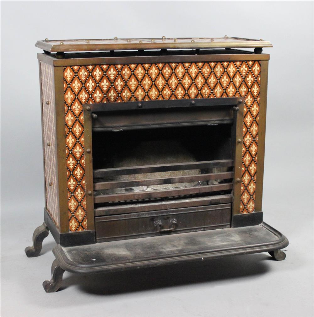 Appraisal: ANTIQUE FRANKLIN STOVE WITH FLEUR-DE-LIS PATTERN framed decorated surround with