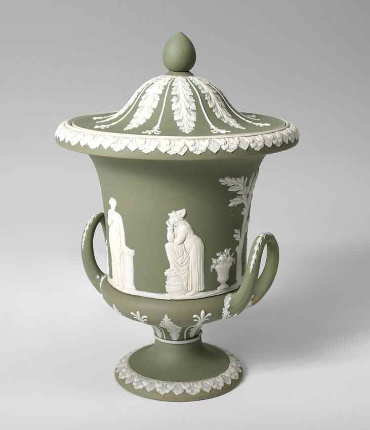 Appraisal: WEDGWOOD JASPERWARE COVERED URN Ca - Green with white classic