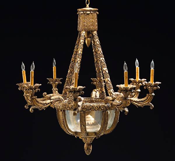 Appraisal: An Italian Neoclassical style giltwood eight light chandelier With leaf