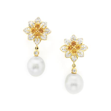 Appraisal: Pair of Gold Citrine Diamond and Cultured Pearl Pendant-Earrings Estimate