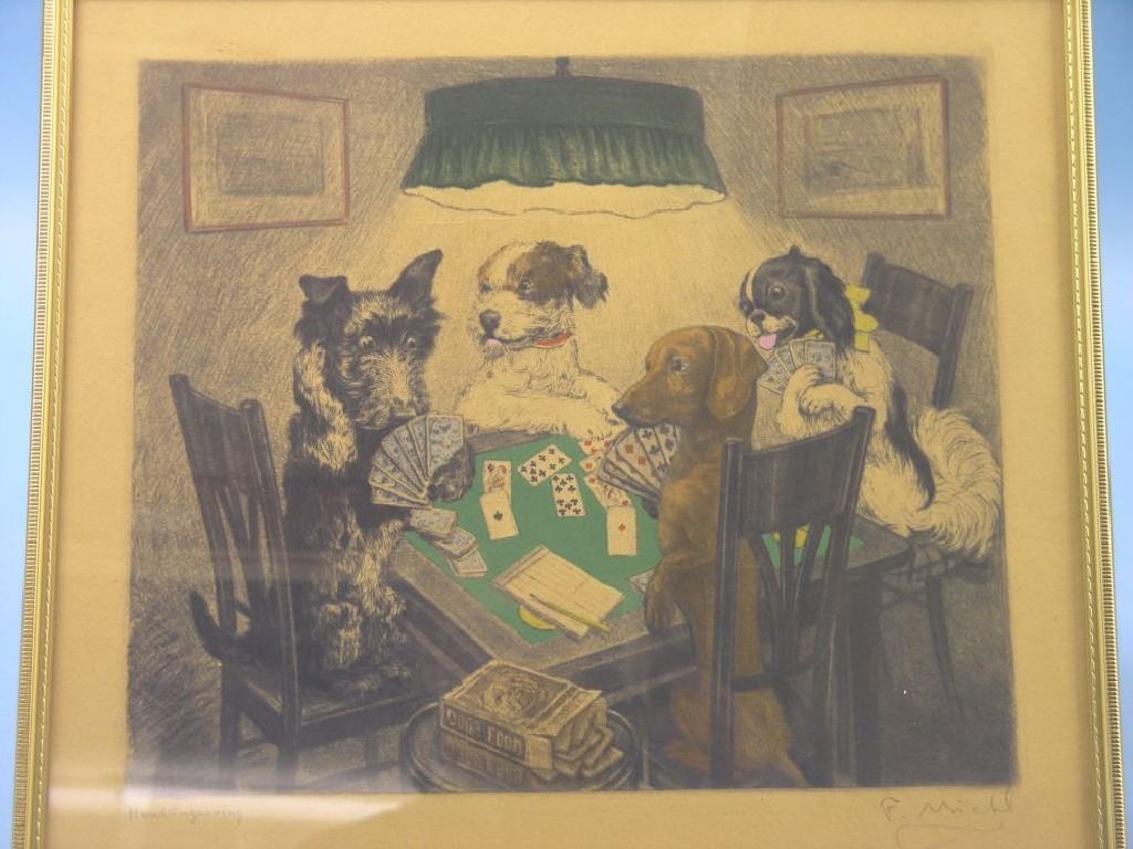 Appraisal: A comical coloured engraving group of four dogs playing cards