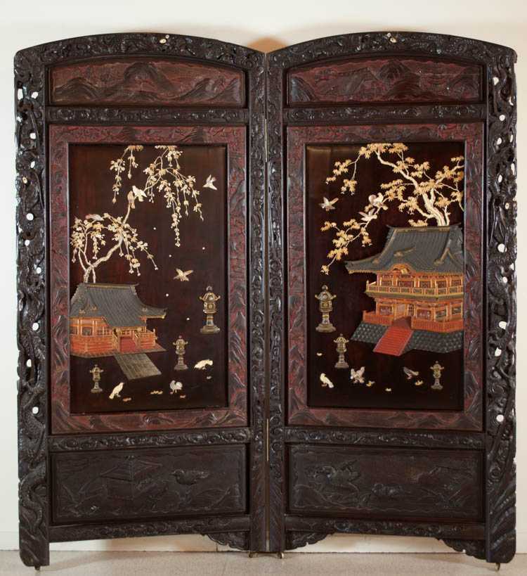 Appraisal: JAPANESE LACQUER BONE MOTHER-OF-PEARL AND HARDSTONE TWO-FOLD FLOOR SCREEN Meiji