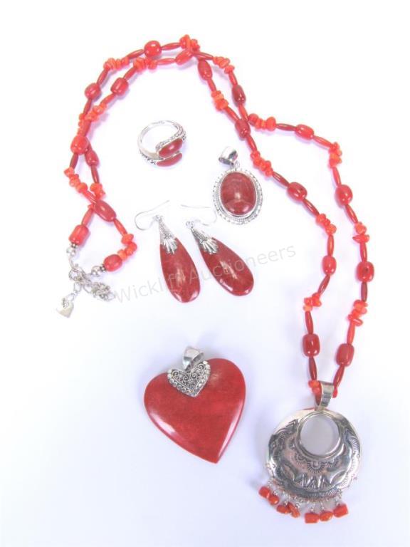 Appraisal: Group of Sterling jewelry with coral and red jasper including