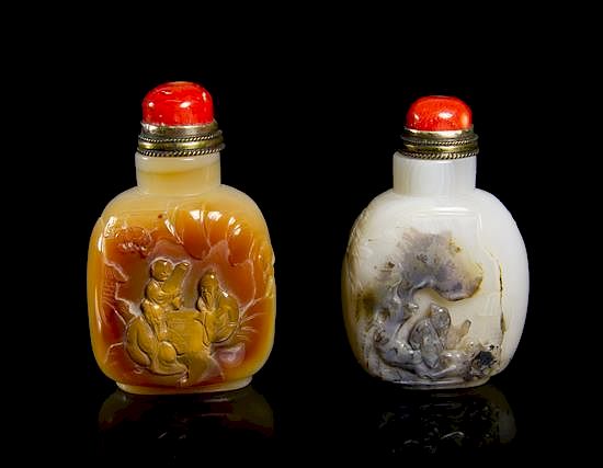 Appraisal: Two Carved Agate Snuff Bottles Height of tallest inches Two