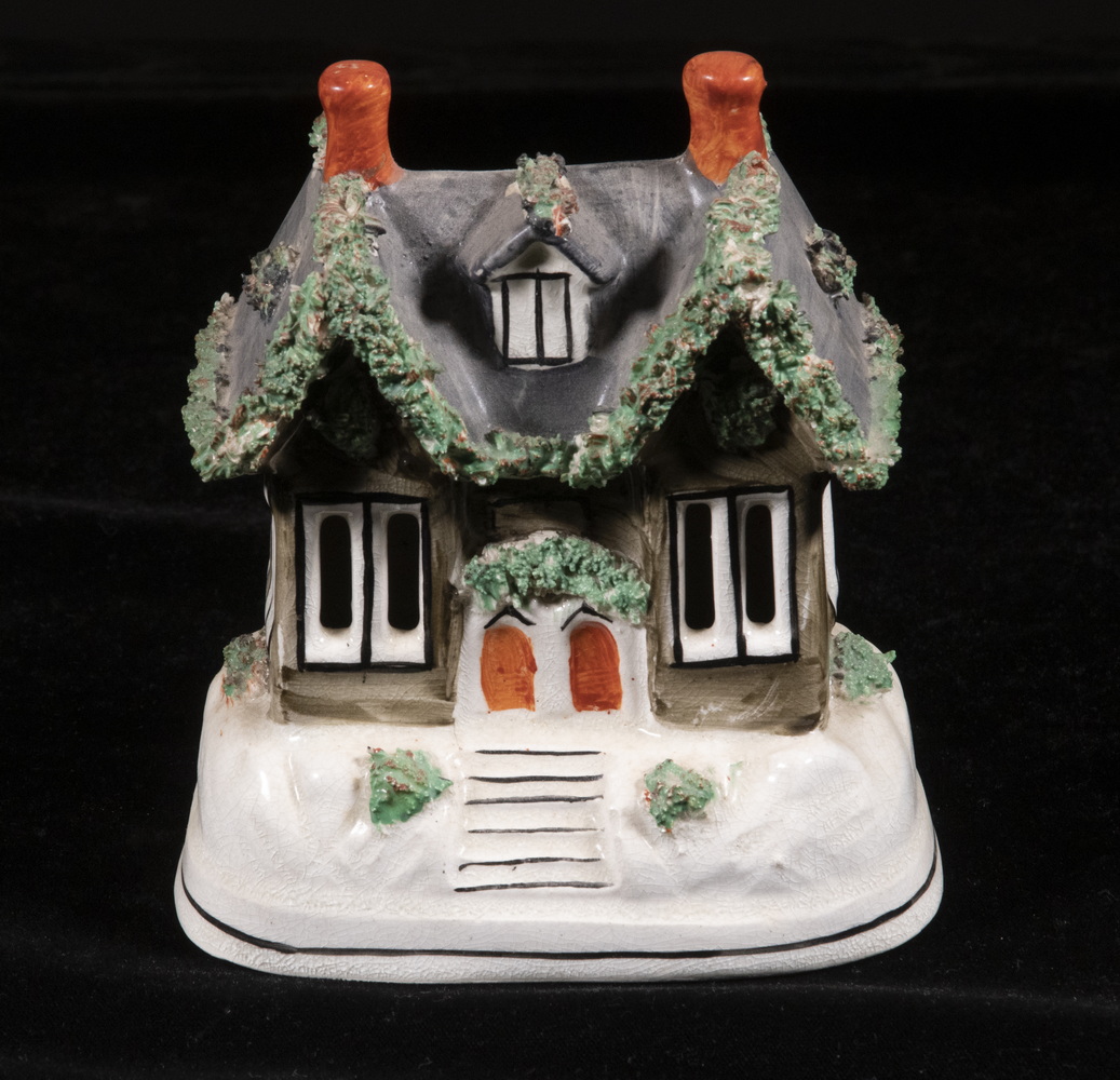 Appraisal: STAFFORDSHIRE MINIATURE COTTAGE th c English Pottery Double-Gabled Cottage Figurine