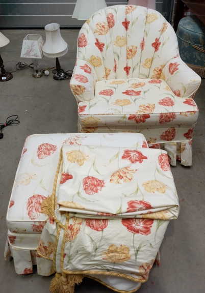 Appraisal: Upholstered armchair with stool and matching table covers