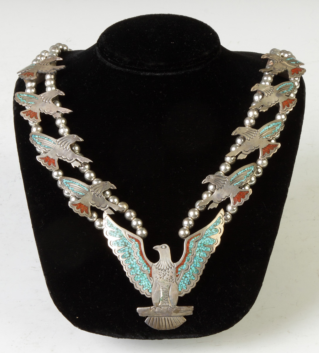 Appraisal: Vintage Native American Silver Turquoise Coral Necklace Matching Ring Sgn