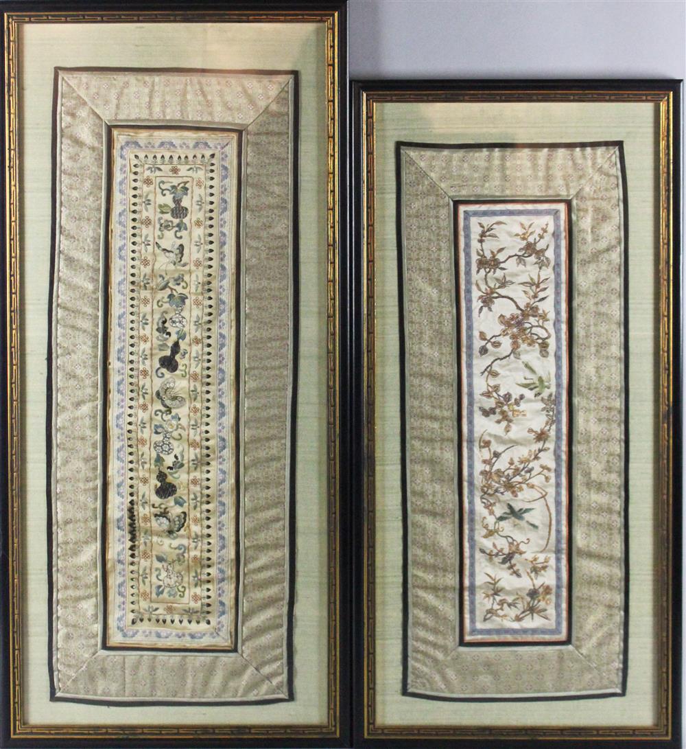 Appraisal: TWO EMBROIDERED ASIAN PANELS DEPICTING BUTTERFLIES AND FLOWERS in matching