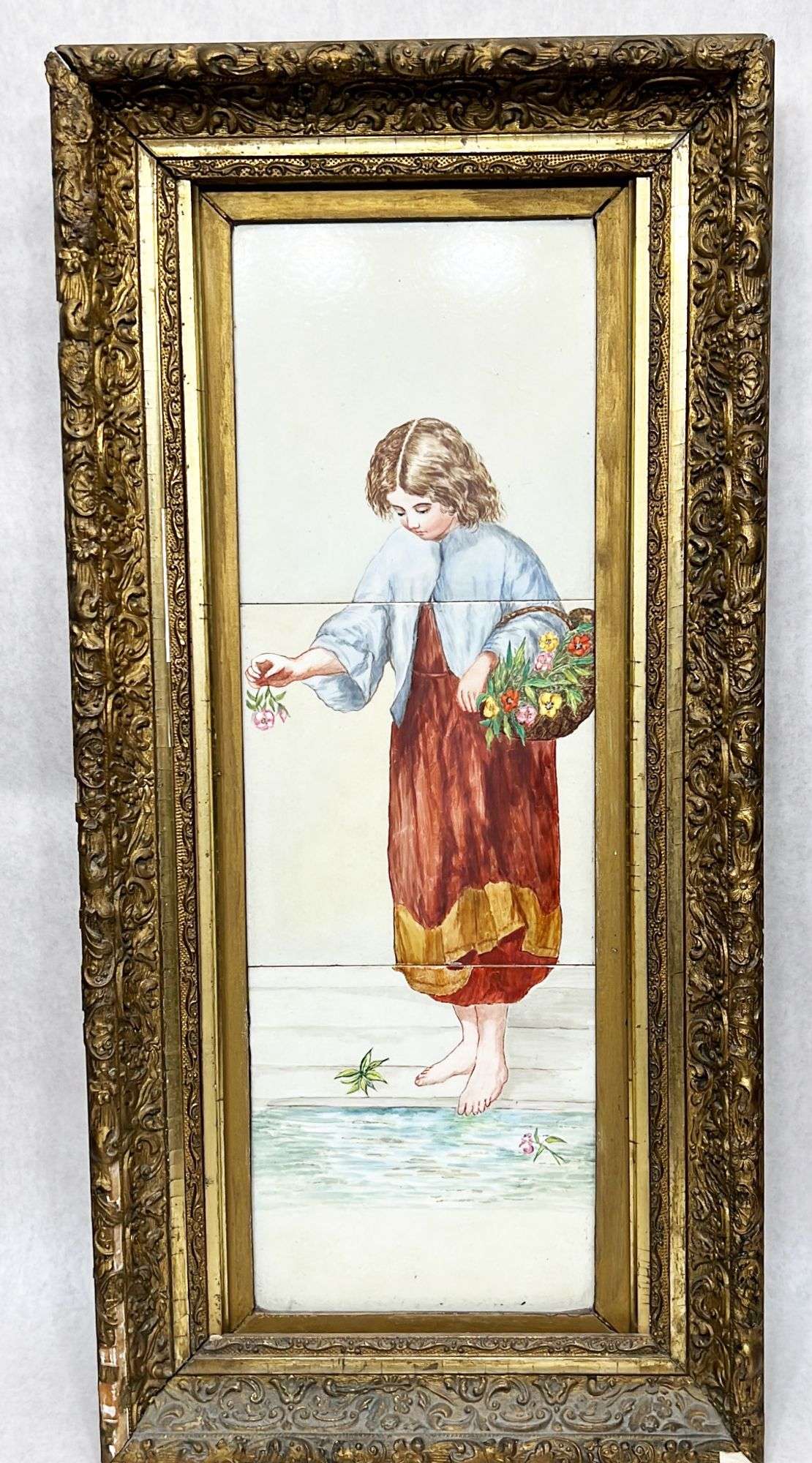 Appraisal: Painted portrait of girl tile porcelain plaqueLate thC Frame measures