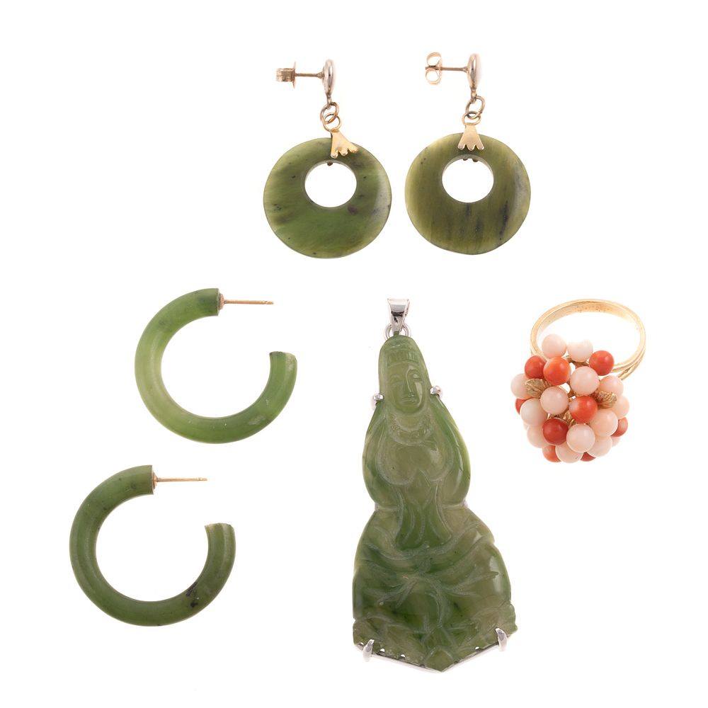 Appraisal: A Collection of Green Orange Coral Jewelry K yellow gold