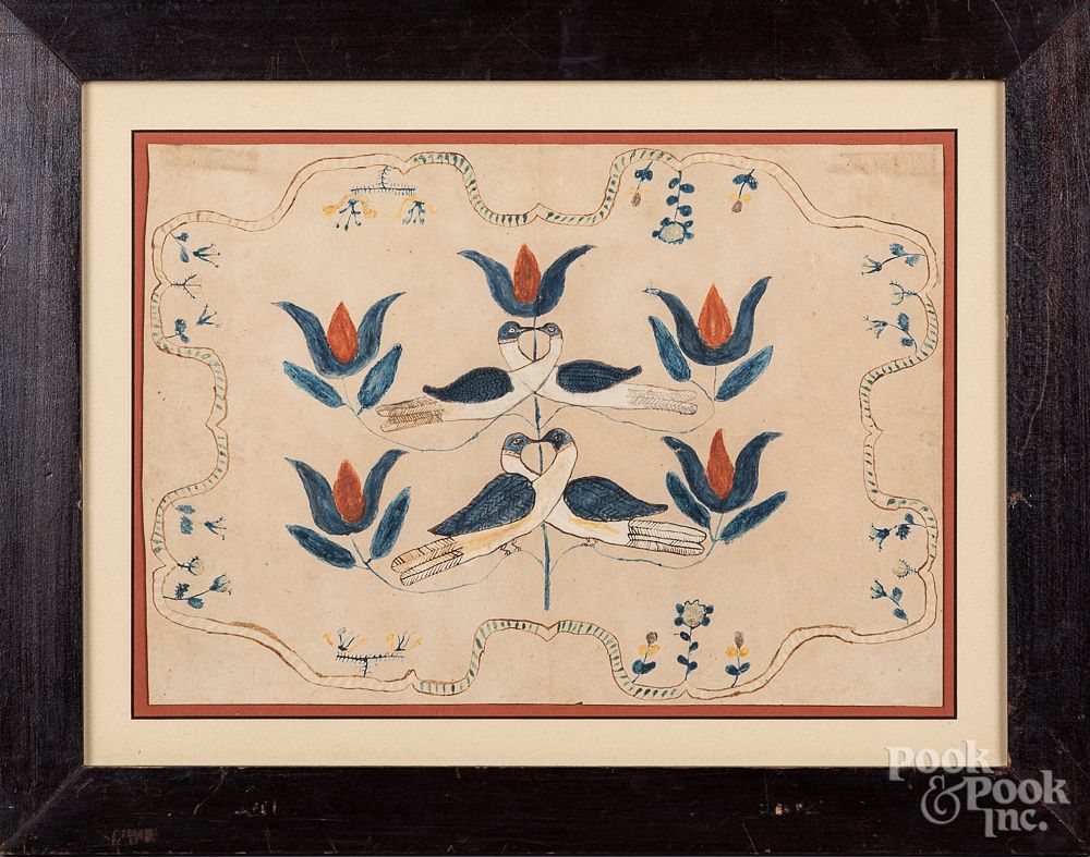 Appraisal: Watercolor fraktur drawing late th c Watercolor fraktur drawing late