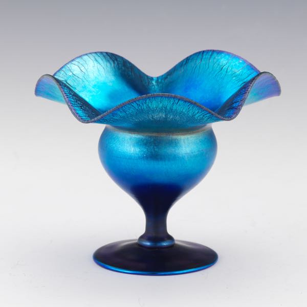 Appraisal: L C TIFFANY BLUE PEACOCK FAVRILE VASE x Inscribed L