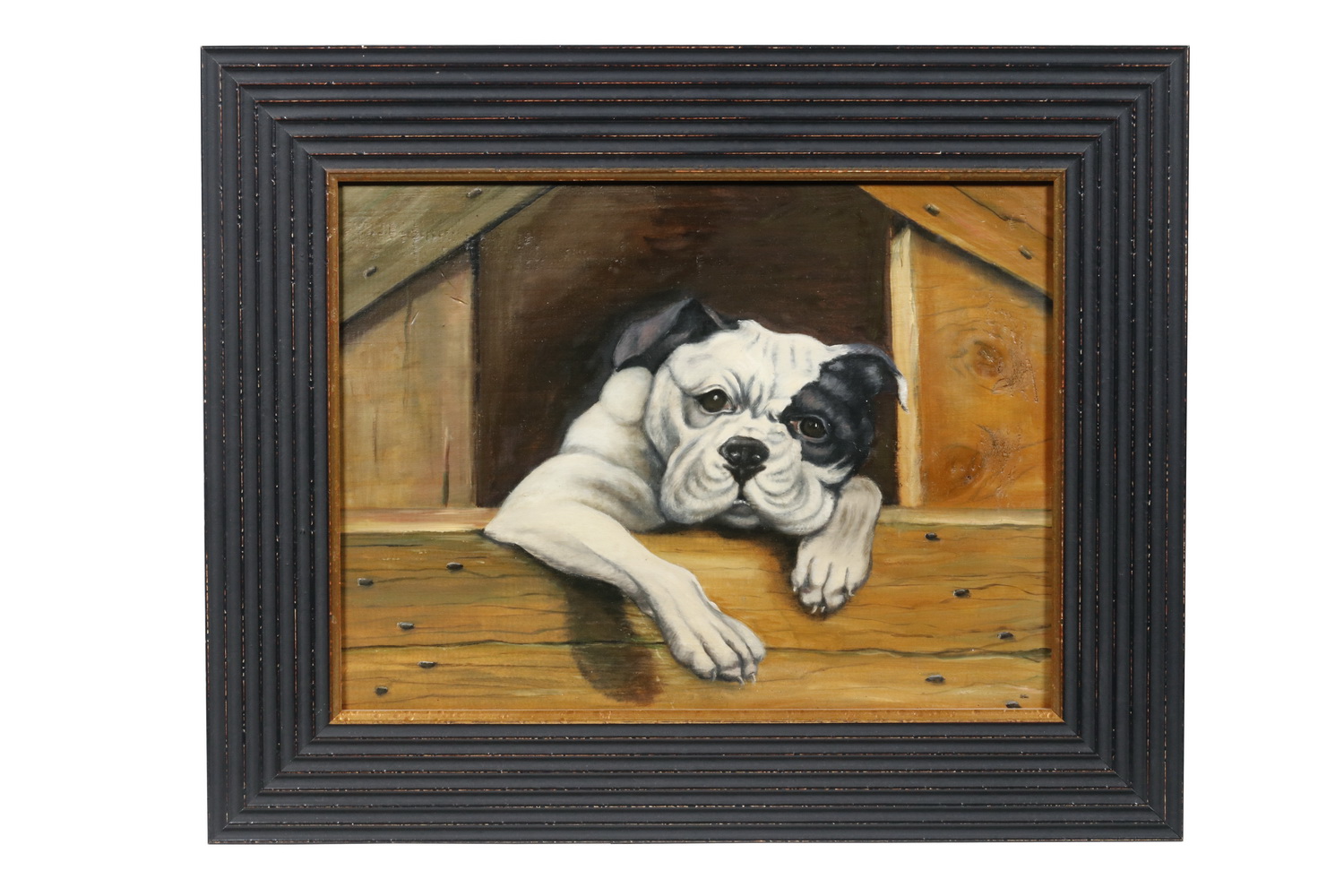 Appraisal: PORTRAIT OF A BULLDOG Humorous image of a penned dog