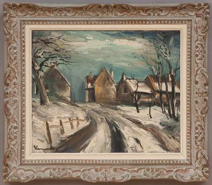 Appraisal: FRENCH SCHOOL ROAD AND HOUSES IN THE SNOW Oil on