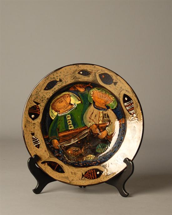 Appraisal: German Low Bowl with painted decoration of fisherman and fish