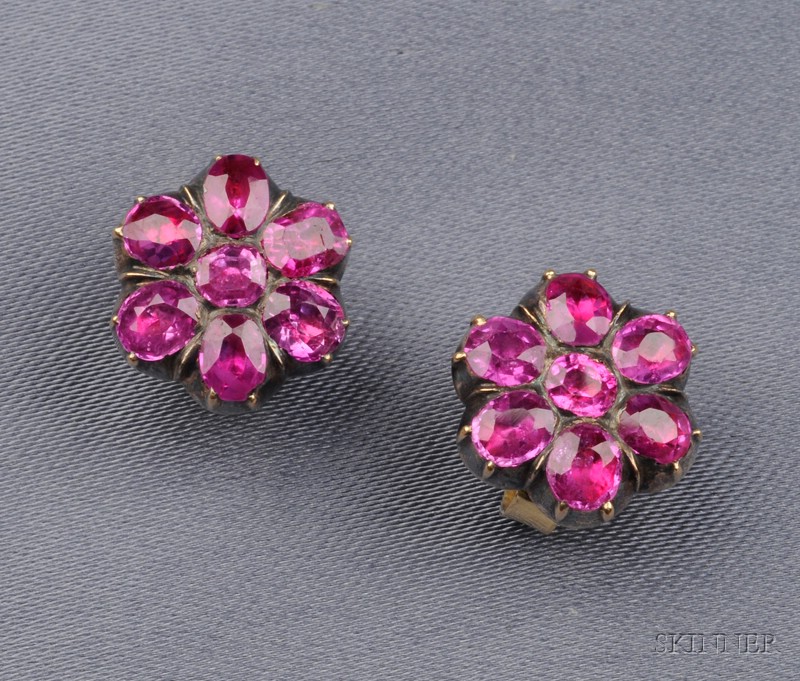 Appraisal: Antique Pink Sapphire Flower Earstuds each collet-set with seven oval