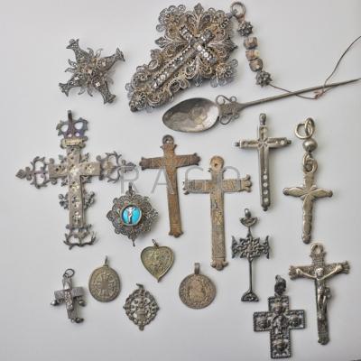 Appraisal: ANTIQUE SILVER CROSSES AND TOKENS Sixteen pieces include Oxacan Yalalag