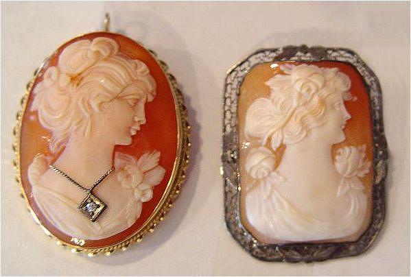 Appraisal: CAMEO BROOCHES K yellow gold oval cameo habille brooch containing