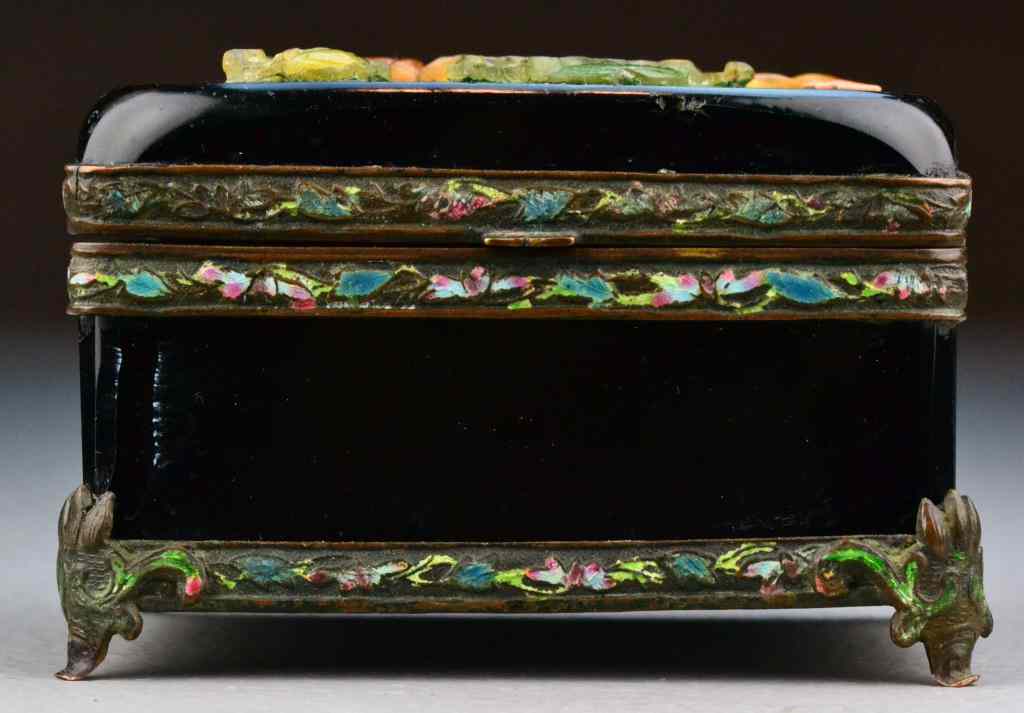 Appraisal: Chinese Peking Glass Enamel Hardstone AppliqueA black Peking glass box