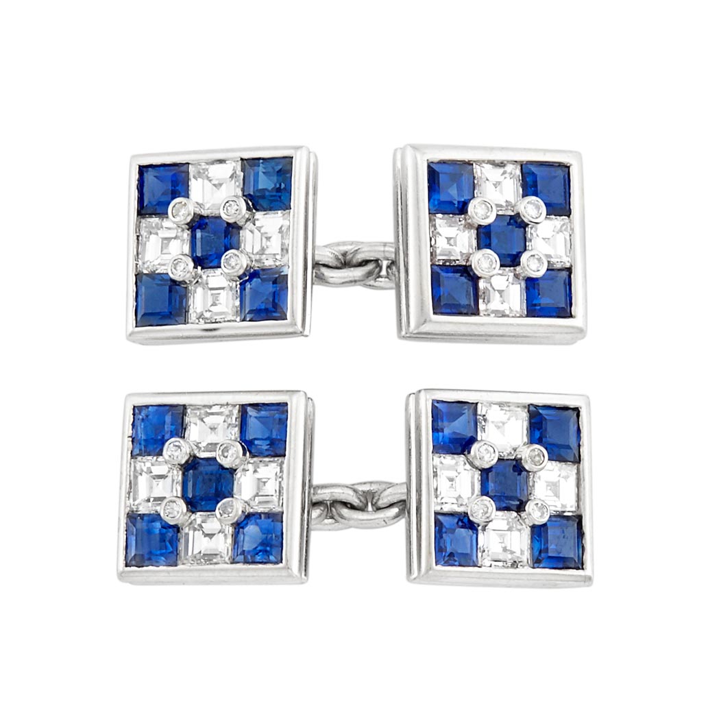 Appraisal: Pair of Platinum Sapphire and Diamond Cufflinks square-cut sapphires ap