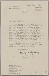 Appraisal: Kipling Rudyard - Typed Letter Signed Burwash Sussex June Single