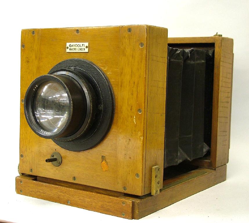 Appraisal: Gandolfi Makers London teak tailboard camera with pneumatic roller blind