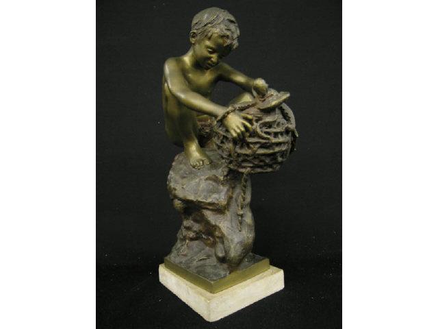 Appraisal: Bronze Statue Of A Boy With Octopus Basket tall signed