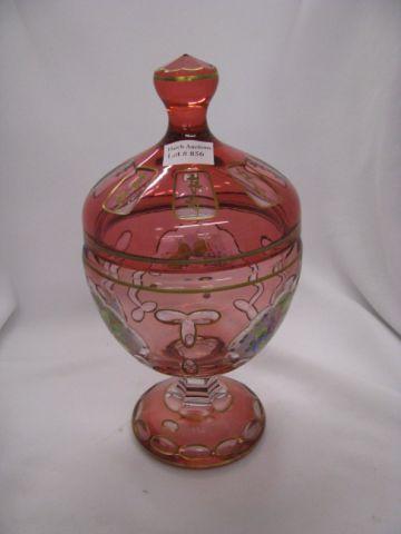 Appraisal: Cranberry Cut-to-Clear Covered Compote enameled floral