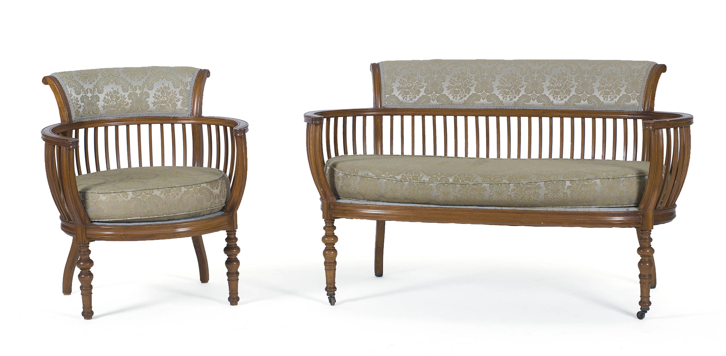 Appraisal: BARREL-FORM SETTEE AND MATCHING ARMCHAIR in cherry Width of settee