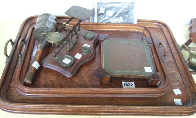 Appraisal: Two oak serving trays a set of Victorian postal scales