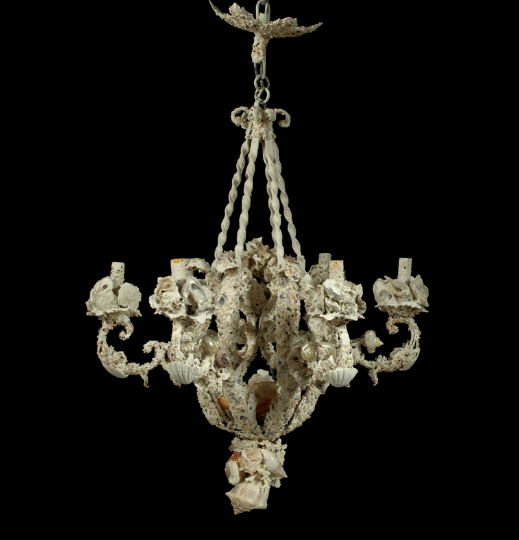 Appraisal: Large Shell-Encrusted and White-Painted Wrought-Iron Six-Light Chandelier in the Grotto