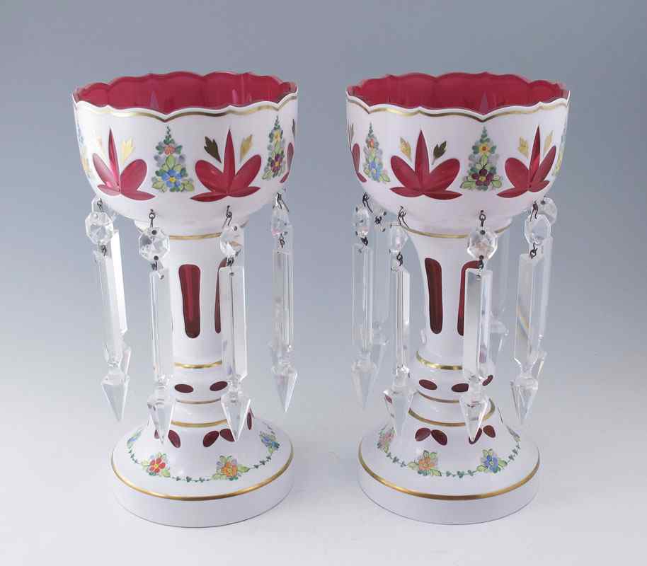 Appraisal: PAIR ENAMELED CRANBERRY GLASS LUSTERS White cut to cranberry with