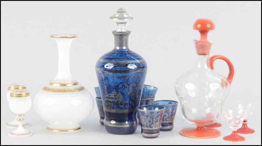 Appraisal: COBALT GLASS DECANTER AND SIX CORDIALS Together with an enameled