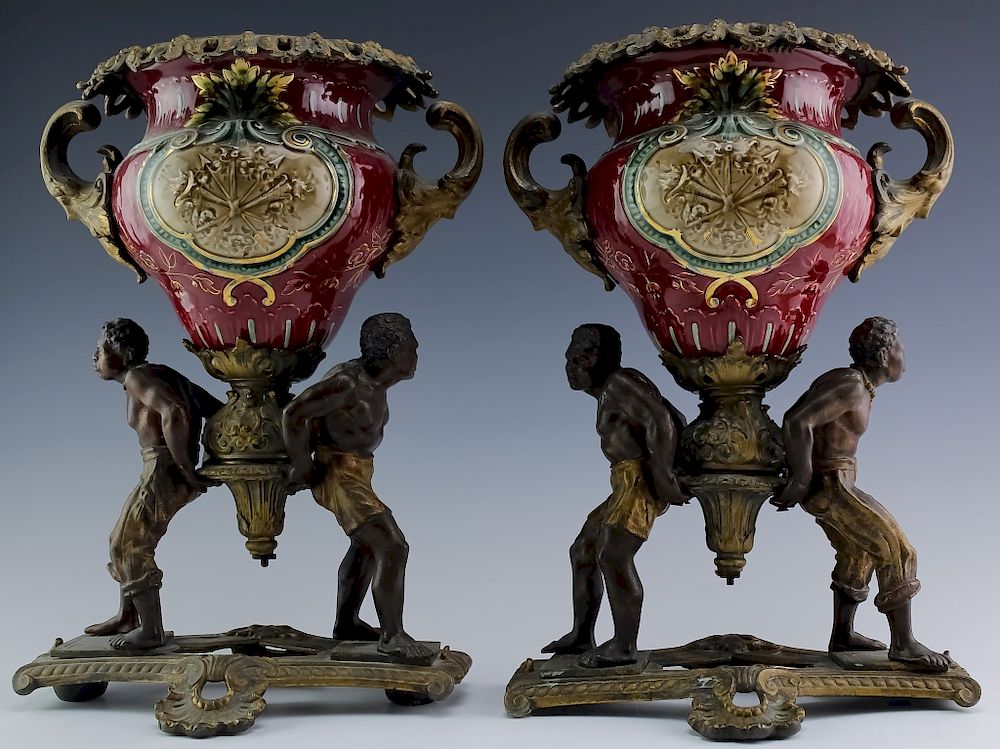 Appraisal: Pair Old Bronze Mounted Porcelain Blackamoor Vases Pair of old